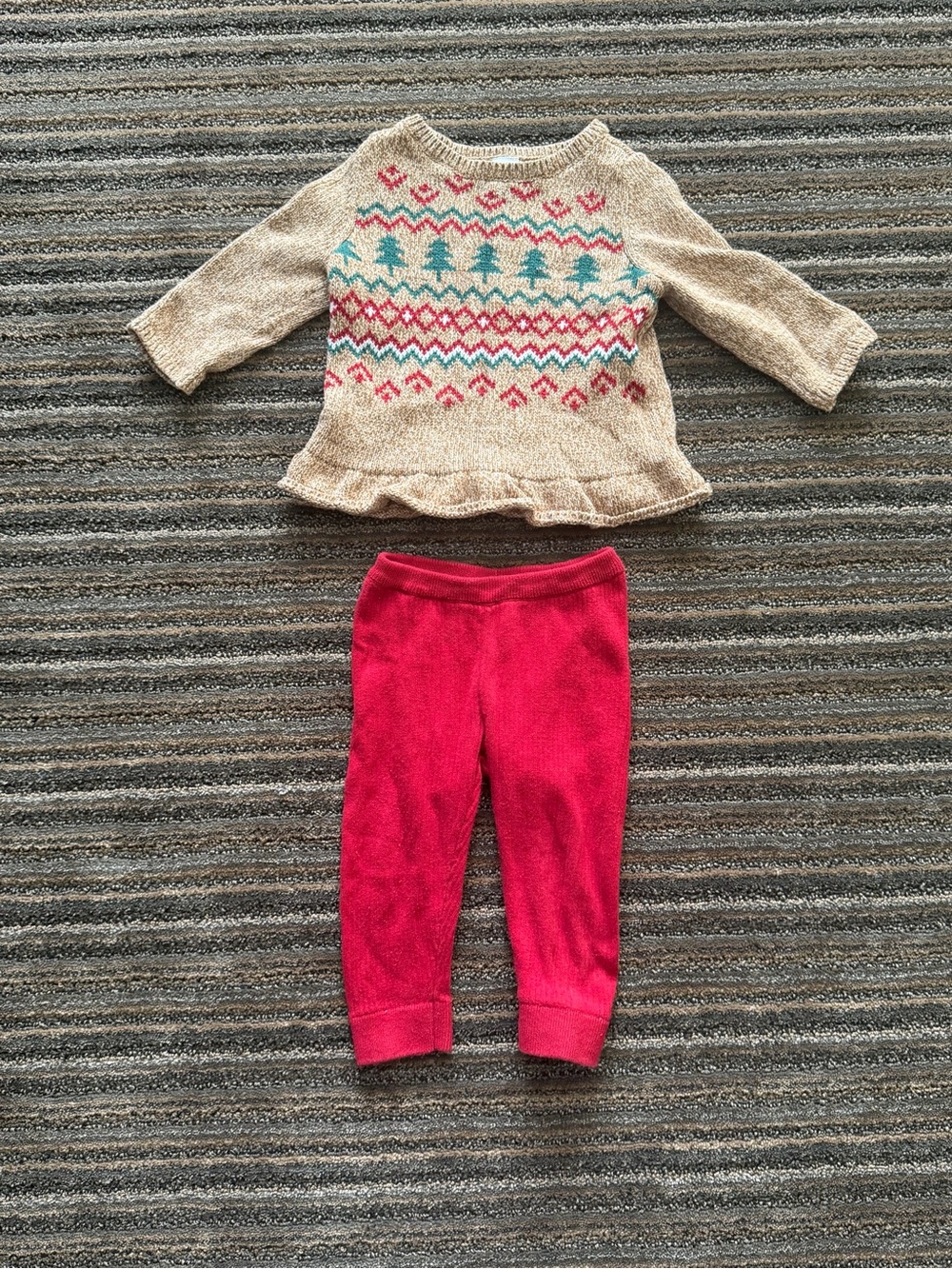 Carter's Baby Girl Brown Knit Top with Red and Teal Fair Isle + Red Pants
